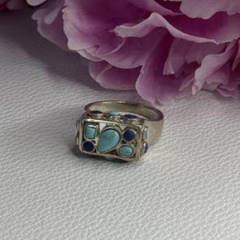 925 Sterling Silver Turquoise & Sodalite Ring Size 7.5