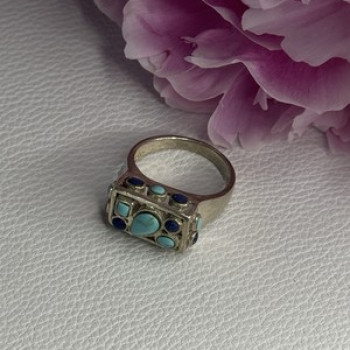 925 Sterling Silver Turquoise & Sodalite Ring Size 7.5