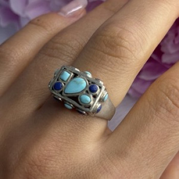 925 Sterling Silver Turquoise & Sodalite Ring Size 7.5