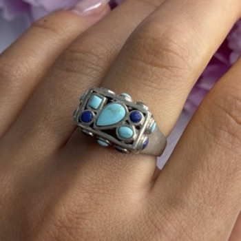 925 Sterling Silver Turquoise & Sodalite Ring Size 7.5