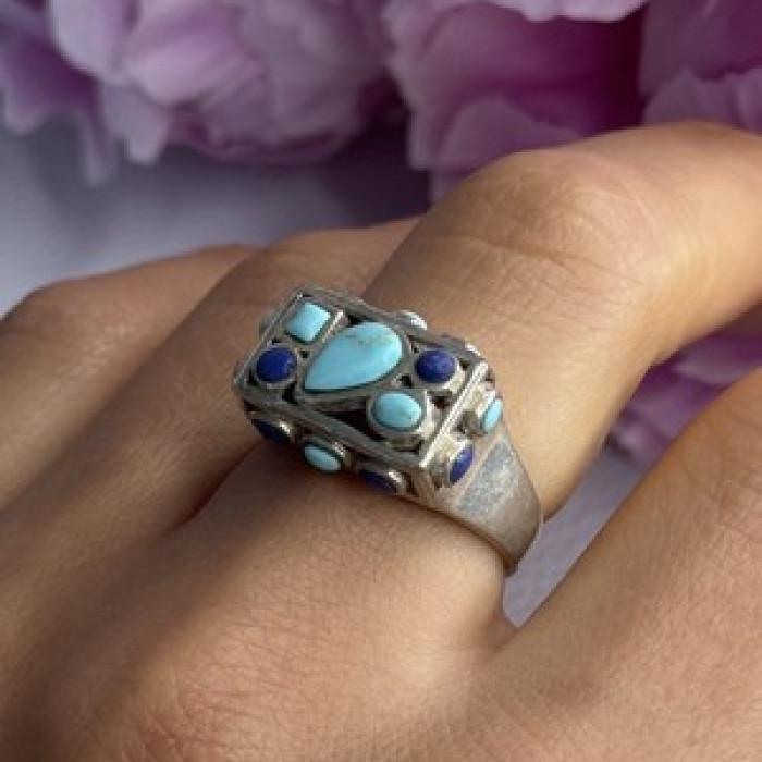925 Sterling Silver Turquoise & Sodalite Ring Size 7.5