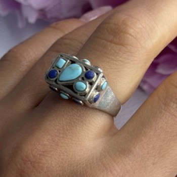 925 Sterling Silver Turquoise & Sodalite Ring Size 7.5