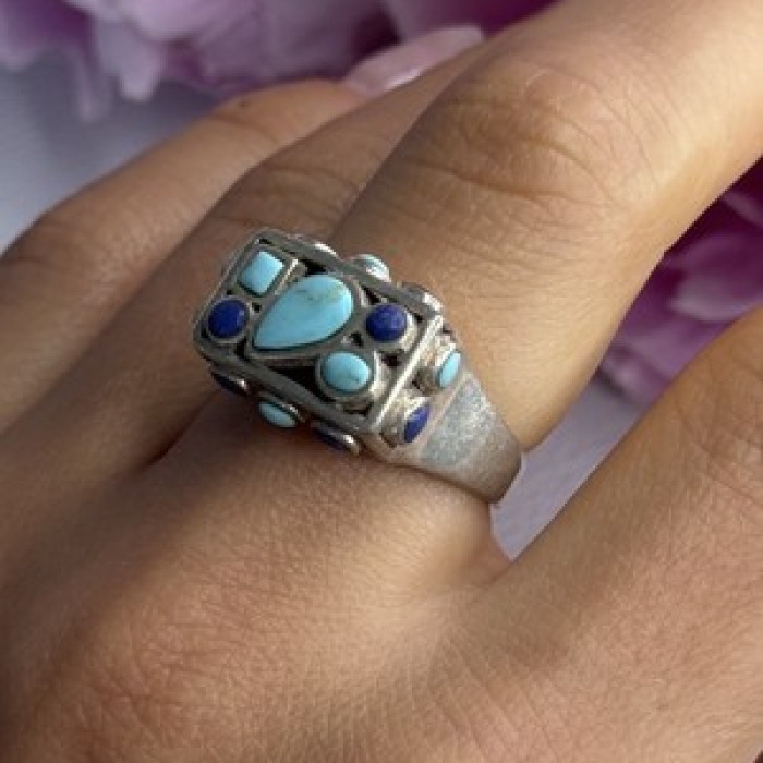 925 Sterling Silver Turquoise & Sodalite Ring Size 7.5