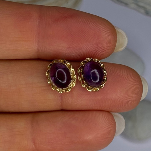 14K Yellow Gold Amethyst Stud Earrings Length 0.40 Inch