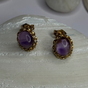 14K Yellow Gold Amethyst Stud Earrings Length 0.40 Inch