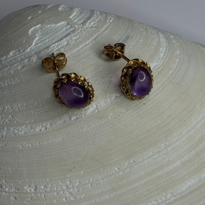 14K Yellow Gold Amethyst Stud Earrings Length 0.40 Inch