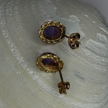 14K Yellow Gold Amethyst Stud Earrings Length 0.40 Inch