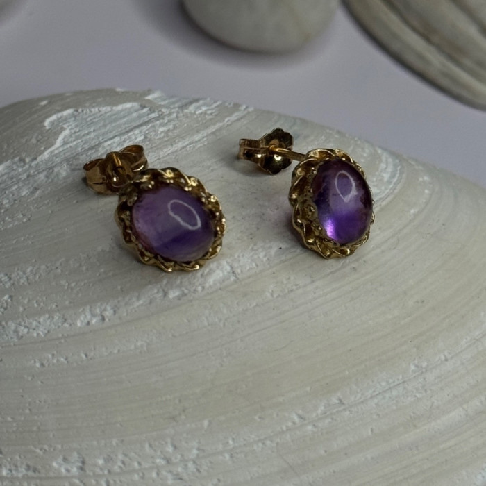 14K Yellow Gold Amethyst Stud Earrings Length 0.40 Inch