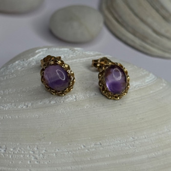 14K Yellow Gold Amethyst Stud Earrings Length 0.40 Inch