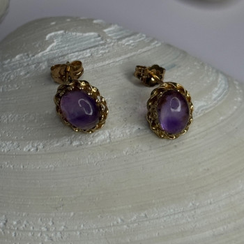 14K Yellow Gold Amethyst Stud Earrings Length 0.40 Inch