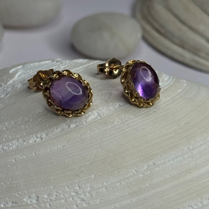 14K Yellow Gold Amethyst Stud Earrings Length 0.40 Inch