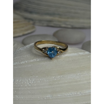 10K Yellow Gold Blue Topaz Heart & Diamonds Ring Size 7