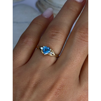 10K Yellow Gold Blue Topaz Heart & Diamonds Ring Size 7