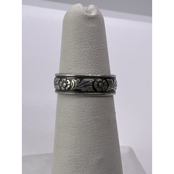 925 Sterling Silver Band Flower Pattern Ring Size 4