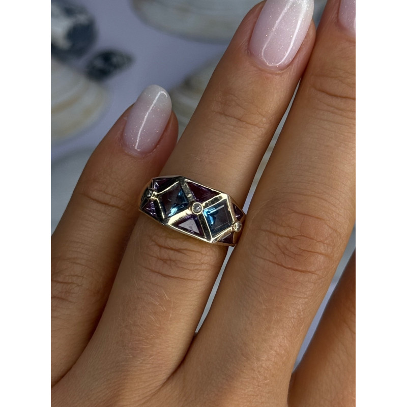 14K Yellow Gold Topaz & Amethyst & Diamond Ring Size 6