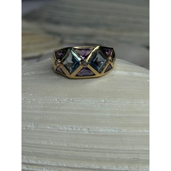 14K Yellow Gold Topaz & Amethyst & Diamond Ring Size 6
