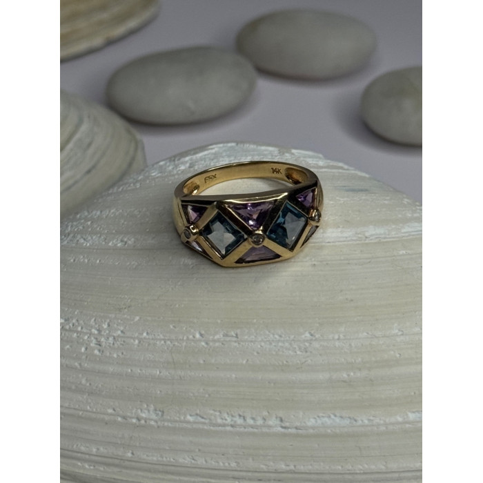14K Yellow Gold Topaz & Amethyst & Diamond Ring Size 6