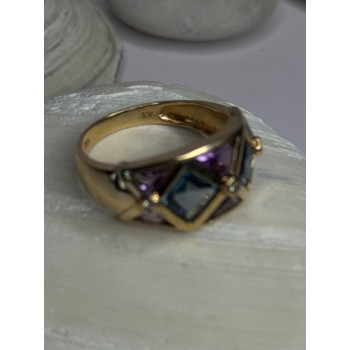 14K Yellow Gold Topaz & Amethyst & Diamond Ring Size 6