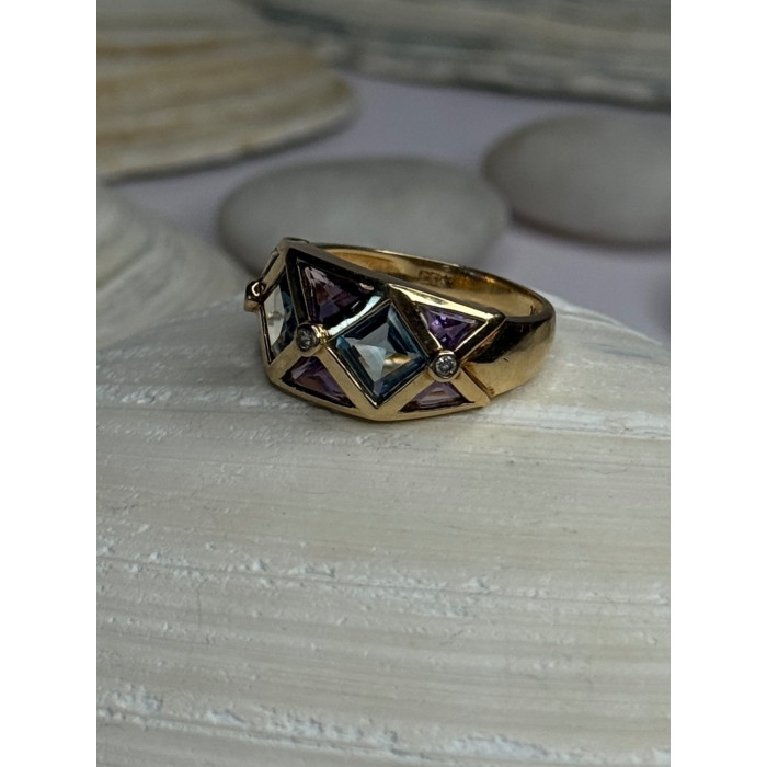 14K Yellow Gold Topaz & Amethyst & Diamond Ring Size 6