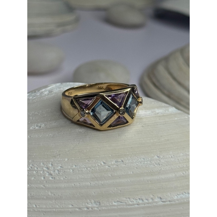 14K Yellow Gold Topaz & Amethyst & Diamond Ring Size 6