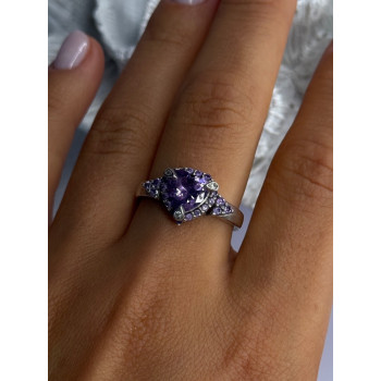 925 Sterling Silver Amethyst & Diamond Heart Ring Size 8.5