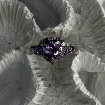 925 Sterling Silver Amethyst & Diamond Heart Ring Size 8.5