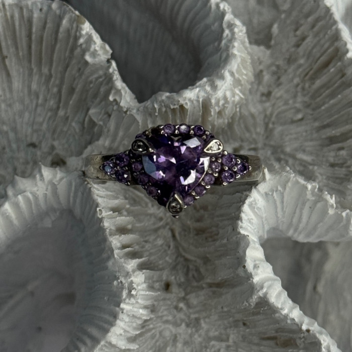 925 Sterling Silver Amethyst & Diamond Heart Ring Size 8.5