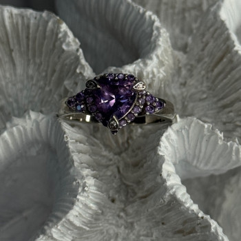925 Sterling Silver Amethyst & Diamond Heart Ring Size 8.5