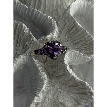 925 Sterling Silver Amethyst & Diamond Heart Ring Size 8.5