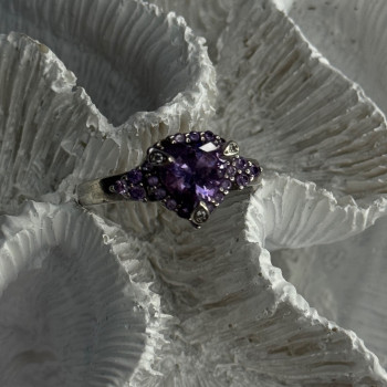 925 Sterling Silver Amethyst & Diamond Heart Ring Size 8.5
