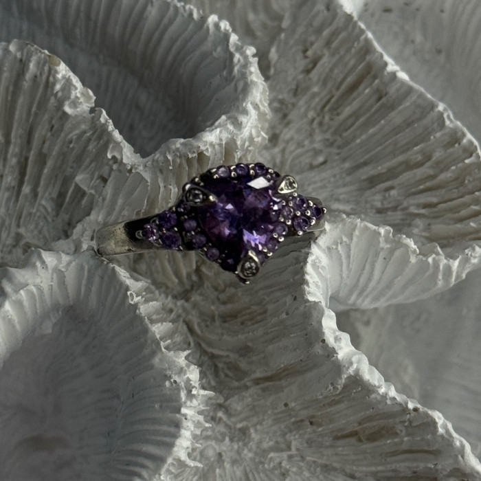 925 Sterling Silver Amethyst & Diamond Heart Ring Size 8.5