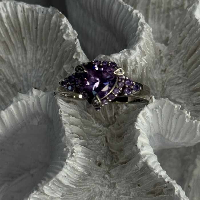 925 Sterling Silver Amethyst & Diamond Heart Ring Size 8.5