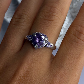 925 Sterling Silver Amethyst & Diamond Heart Ring Size 8.5