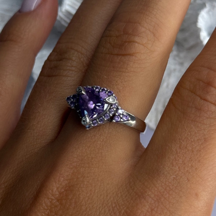 925 Sterling Silver Amethyst & Diamond Heart Ring Size 8.5