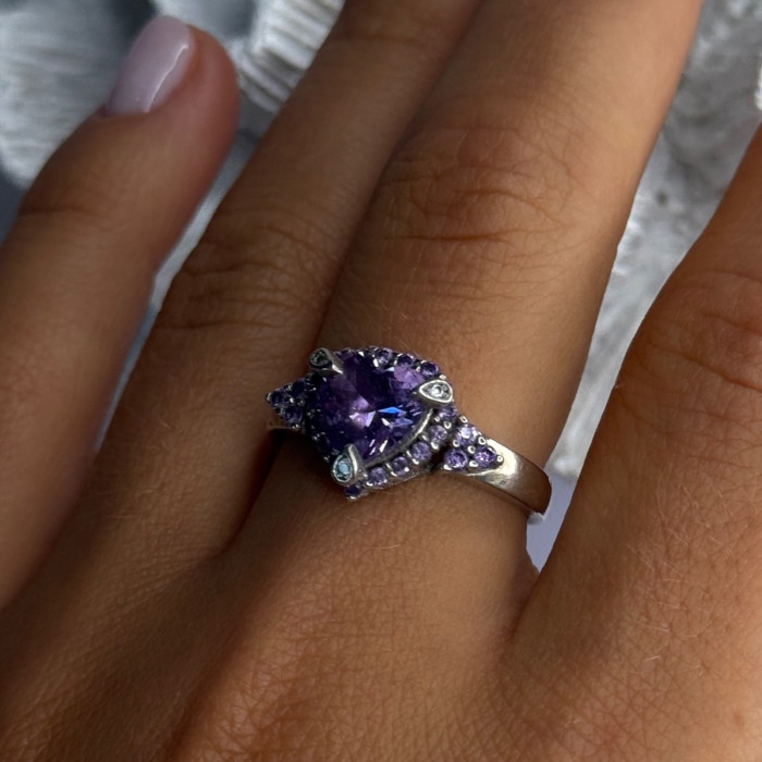925 Sterling Silver Amethyst & Diamond Heart Ring Size 8.5