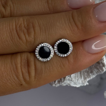 Elegant 925 Sterling Silver Onyx & CZ Stud Earrings Length 0.40 Inch