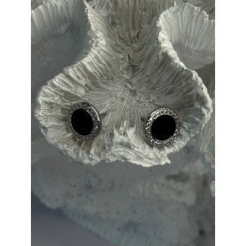 Elegant 925 Sterling Silver Onyx & CZ Stud Earrings Length 0.40 Inch