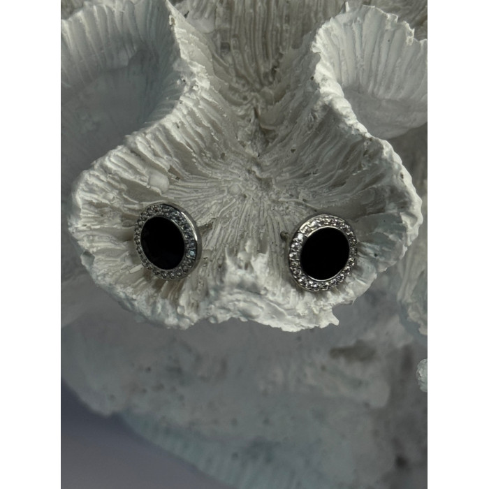 Elegant 925 Sterling Silver Onyx & CZ Stud Earrings Length 0.40 Inch