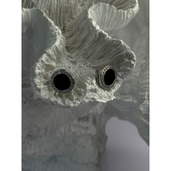 Elegant 925 Sterling Silver Onyx & CZ Stud Earrings Length 0.40 Inch