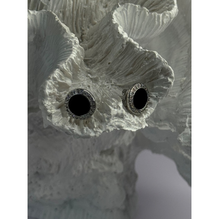 Elegant 925 Sterling Silver Onyx & CZ Stud Earrings Length 0.40 Inch