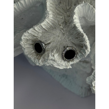 Elegant 925 Sterling Silver Onyx & CZ Stud Earrings Length 0.40 Inch