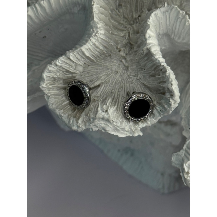 Elegant 925 Sterling Silver Onyx & CZ Stud Earrings Length 0.40 Inch