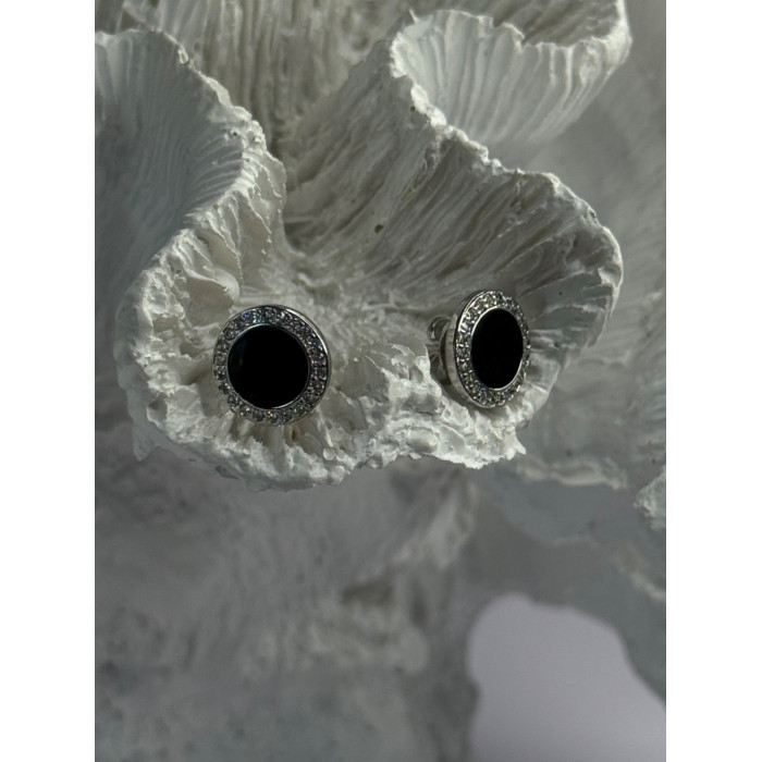 Elegant 925 Sterling Silver Onyx & CZ Stud Earrings Length 0.40 Inch