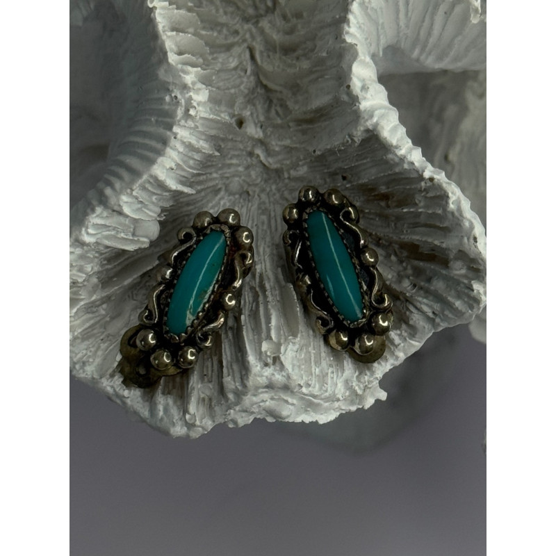 Vintage 925 Sterling Silver Turquoise Clip-On Earrings Length 0.60 Inch