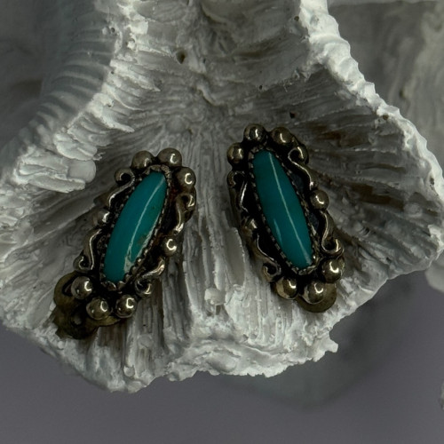 Vintage 925 Sterling Silver Turquoise Clip-On Earrings Length 0.60 Inch