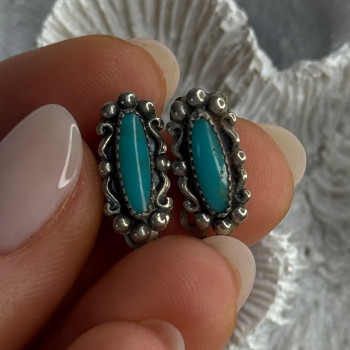 Vintage 925 Sterling Silver Turquoise Clip-On Earrings Length 0.60 Inch