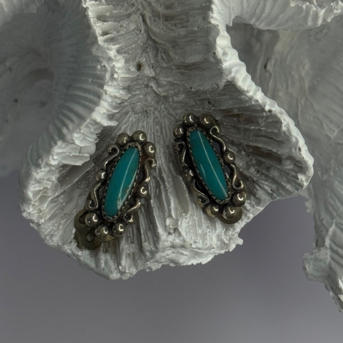 Vintage 925 Sterling Silver Turquoise Clip-On Earrings Length 0.60 Inch