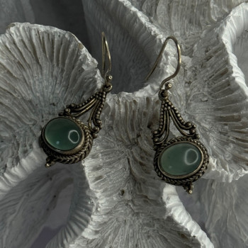 Vintage 925 Sterling Silver Jade Earrings Length 1.40 Inch