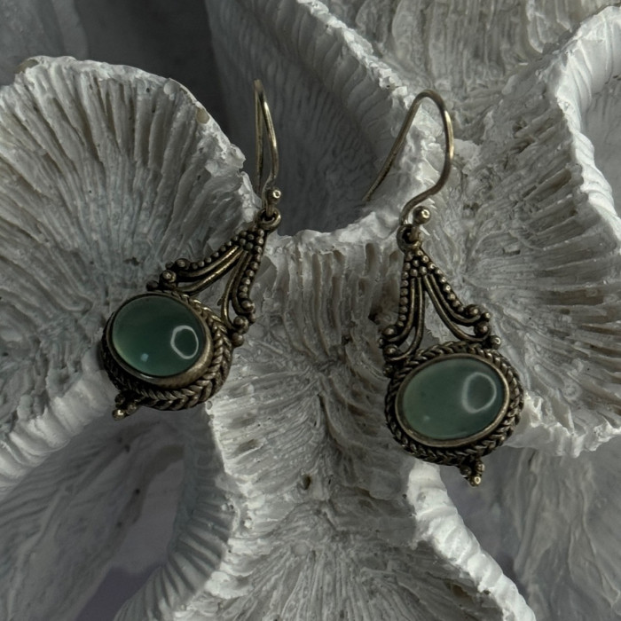 Vintage 925 Sterling Silver Jade Earrings Length 1.40 Inch