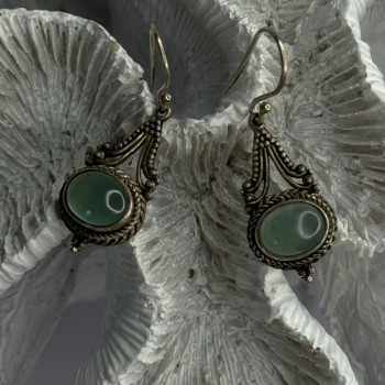 Vintage 925 Sterling Silver Jade Earrings Length 1.40 Inch